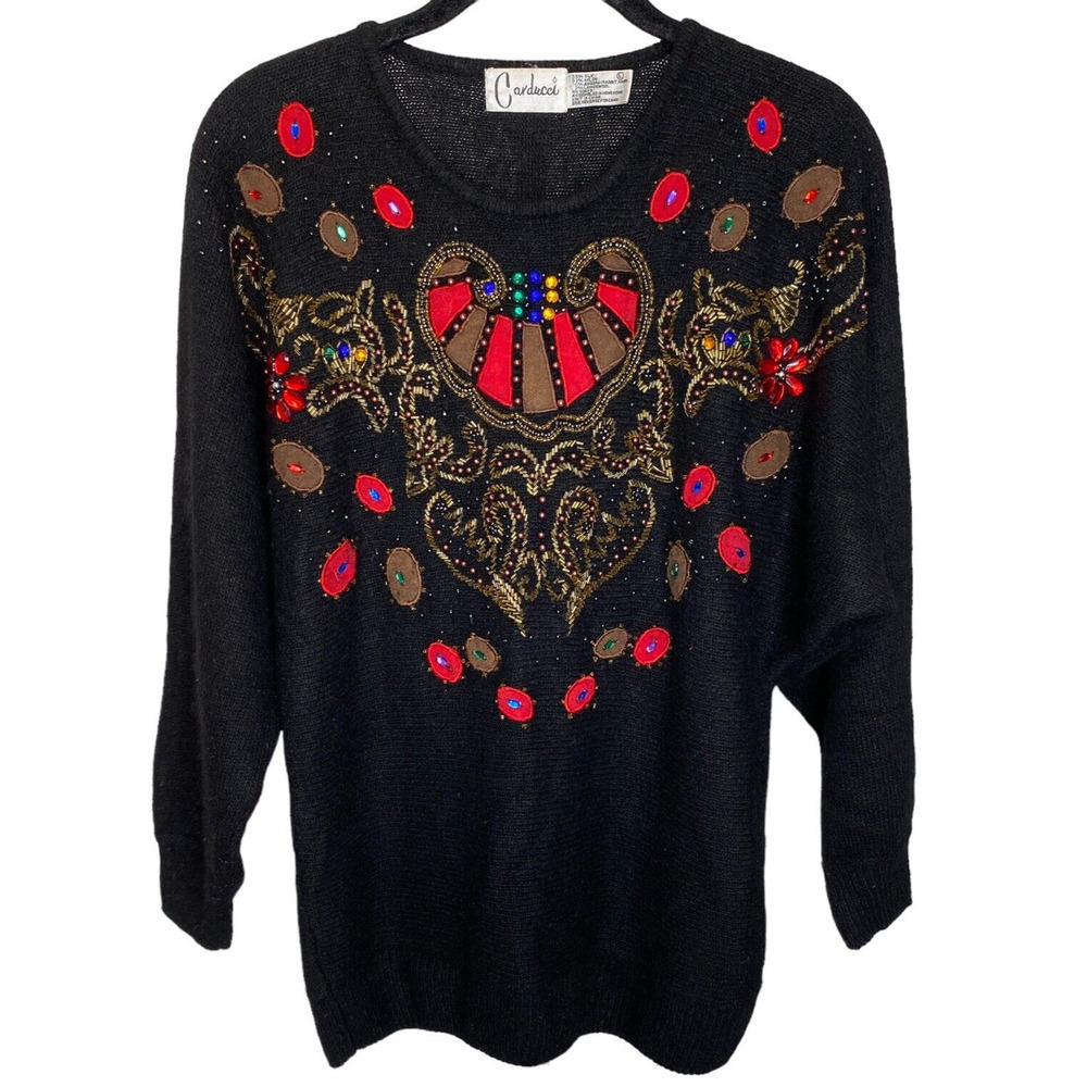 Carducci Black Multi Silk Angora Blend Rhinestone Sequin Sweater Sz L Vintage 80
